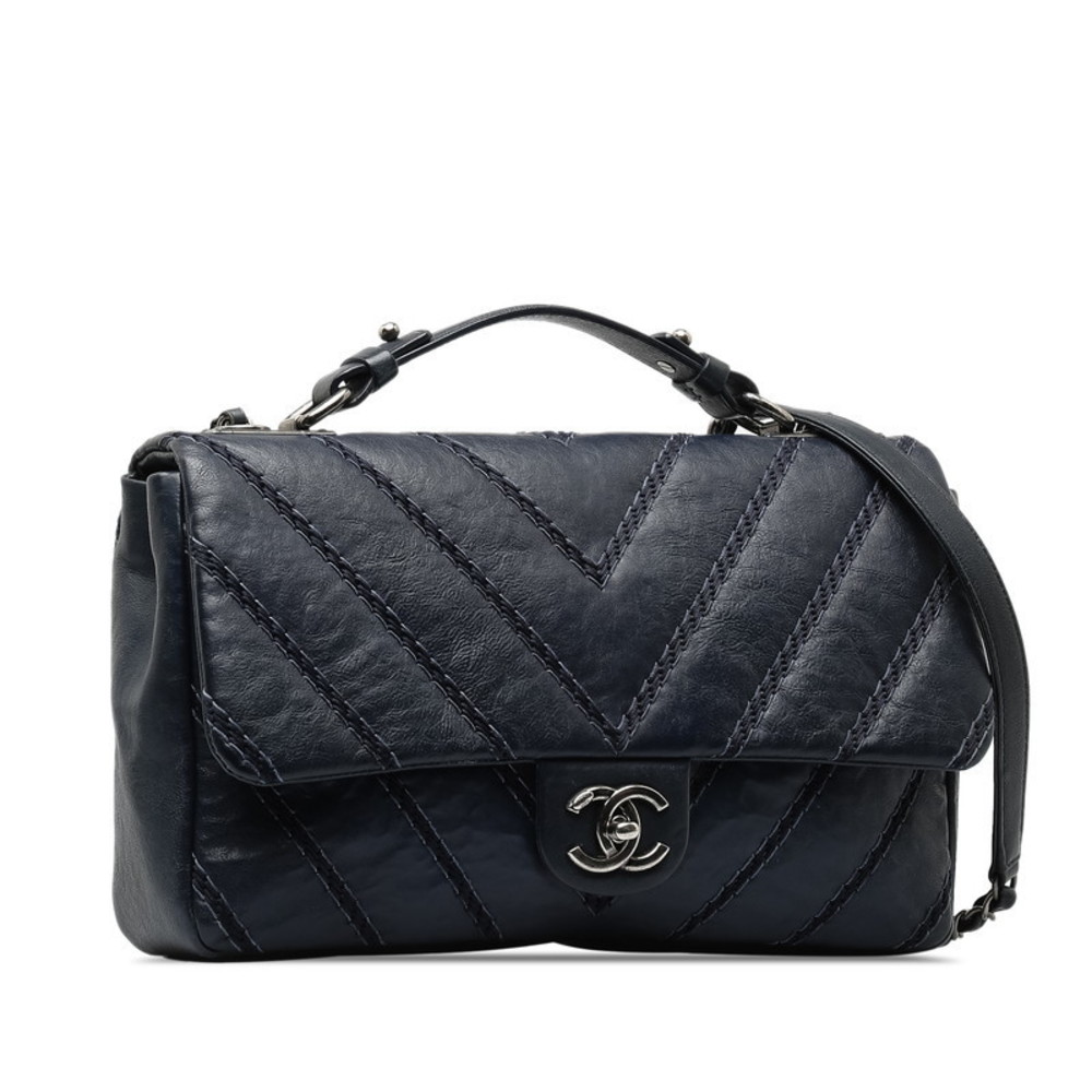 Chanel blue 2WAY stitch leather V handbag shoulder Cocomark silver bag